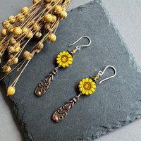 Czech yellow Flower and Copper Flower Dangle Earrings in Sterling Silver