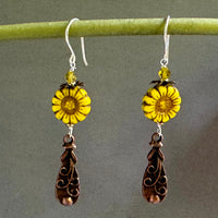 Czech yellow Flower and Copper Flower Dangle Earrings in Sterling Silver