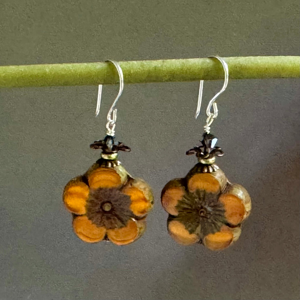 Czech Variegated Orange Flower Earrings in Sterling Silver