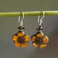 Czech Variegated Orange Flower Earrings in Sterling Silver