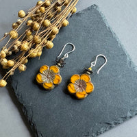 Czech Variegated Orange Flower Earrings in Sterling Silver