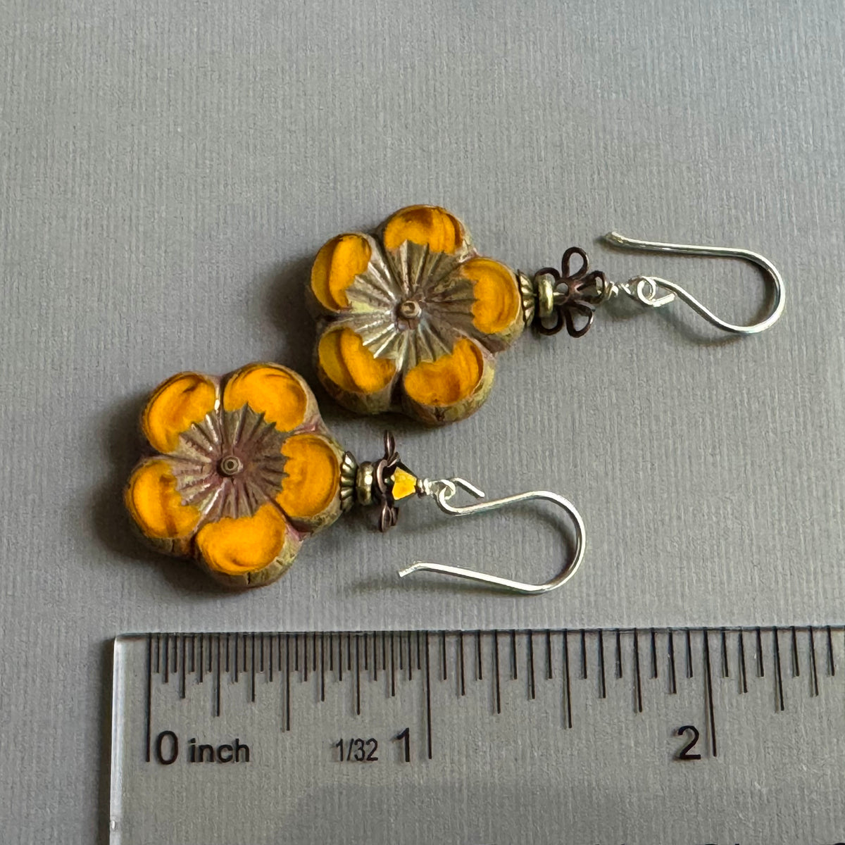 Czech Variegated Orange Flower Earrings in Sterling Silver