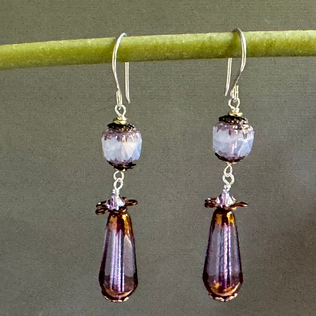 Czech Glass Lavender Cathedral and Dangle Drop Earrings in Sterling Silver