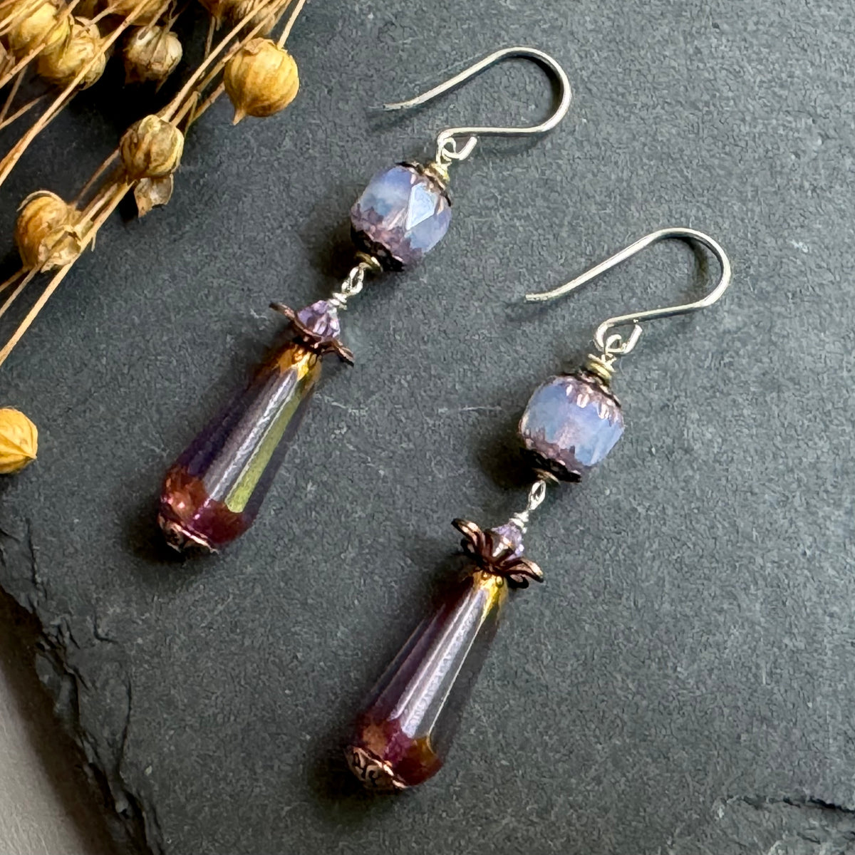 Czech Glass Lavender Cathedral and Dangle Drop Earrings in Sterling Silver