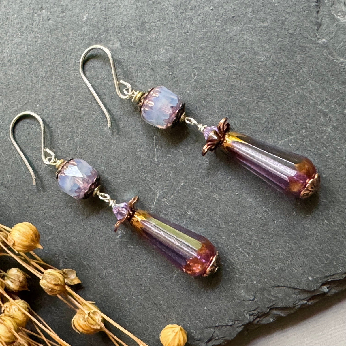 Czech Glass Lavender Cathedral and Dangle Drop Earrings in Sterling Silver