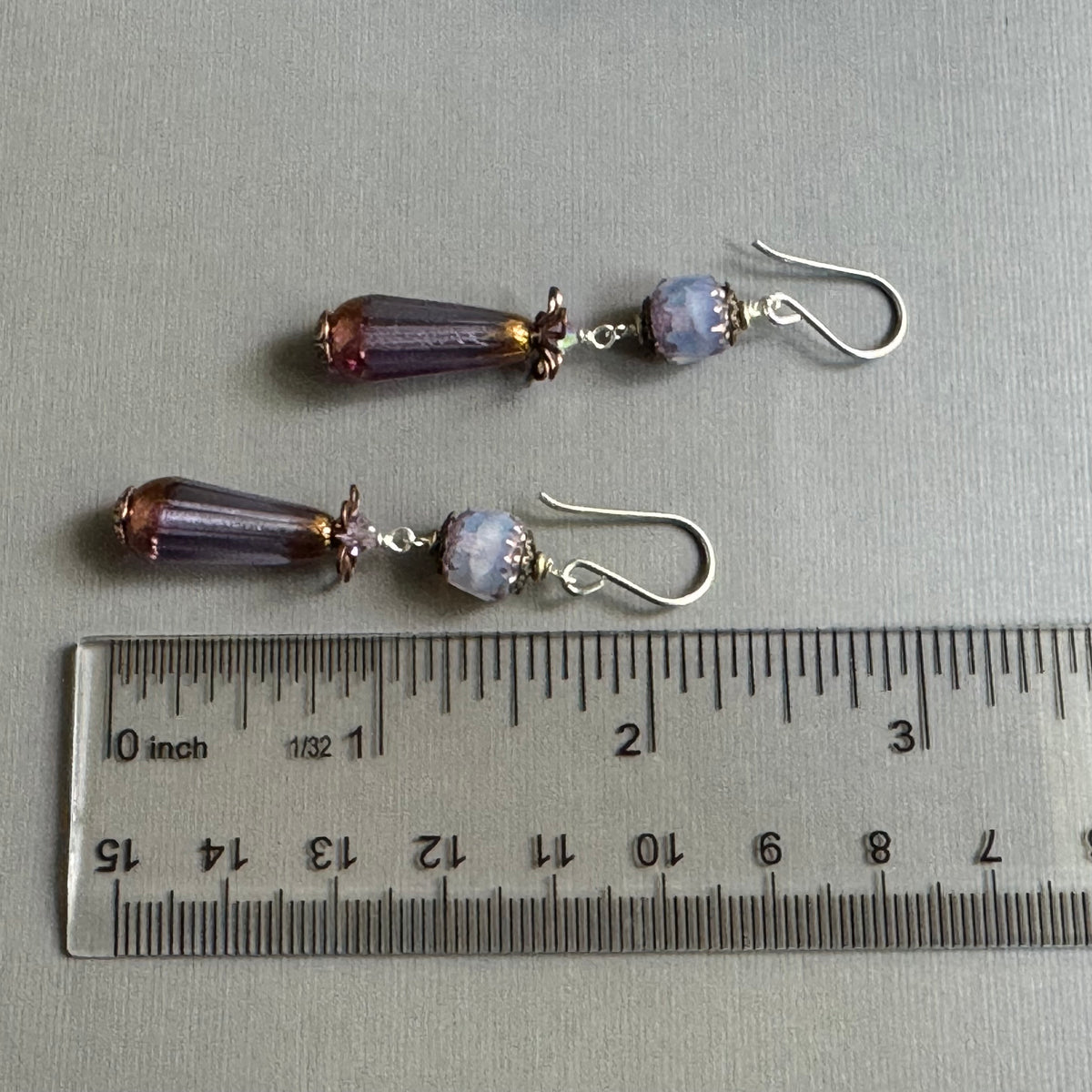 Czech Glass Lavender Cathedral and Dangle Drop Earrings in Sterling Silver
