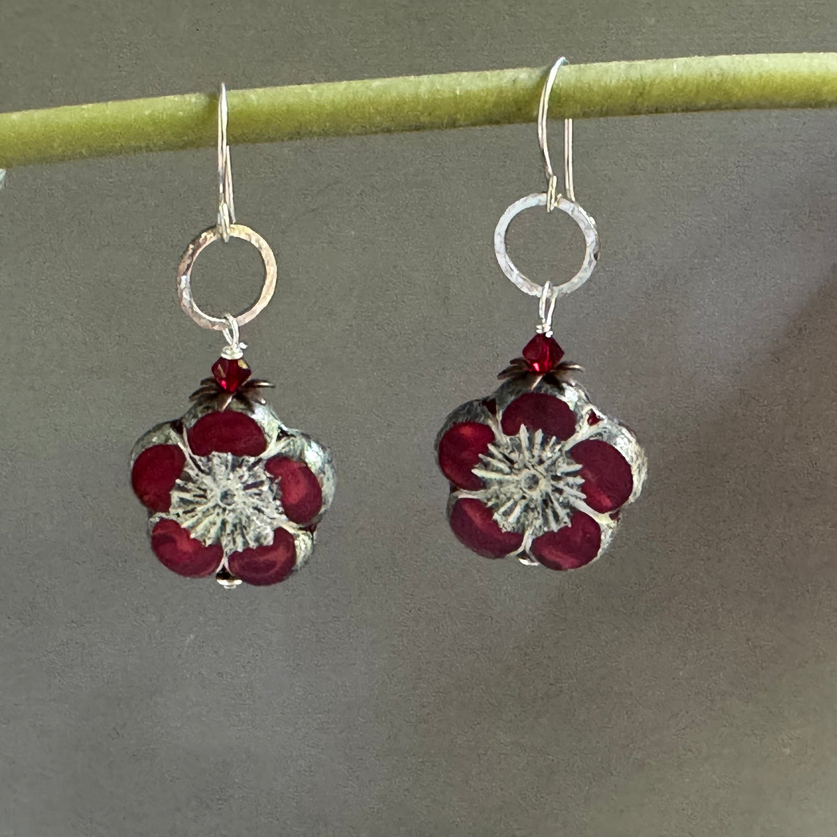 Czech Red Opaline Flower Earrings in Sterling Silver