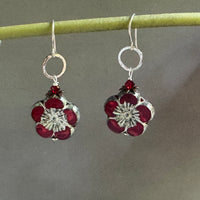 Czech Red Opaline Flower Earrings in Sterling Silver