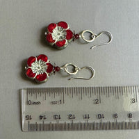Czech Red Opaline Flower Earrings in Sterling Silver