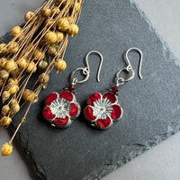 Czech Red Opaline Flower Earrings in Sterling Silver