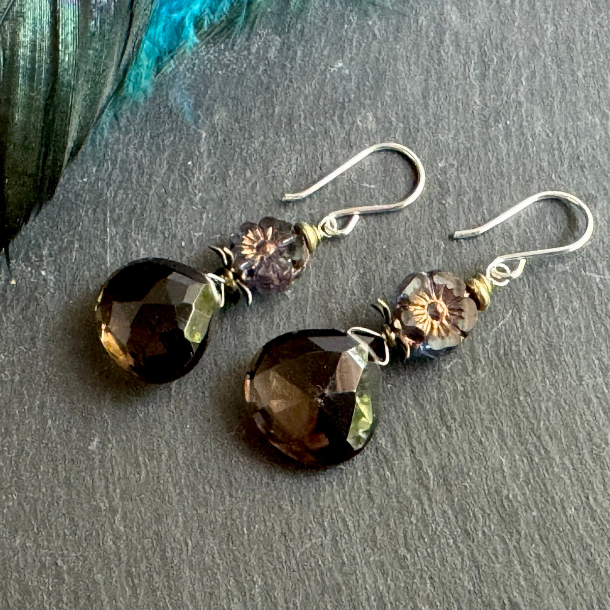 Smoky Quartz and Blue Czech Glass Earrings in Sterling Silver