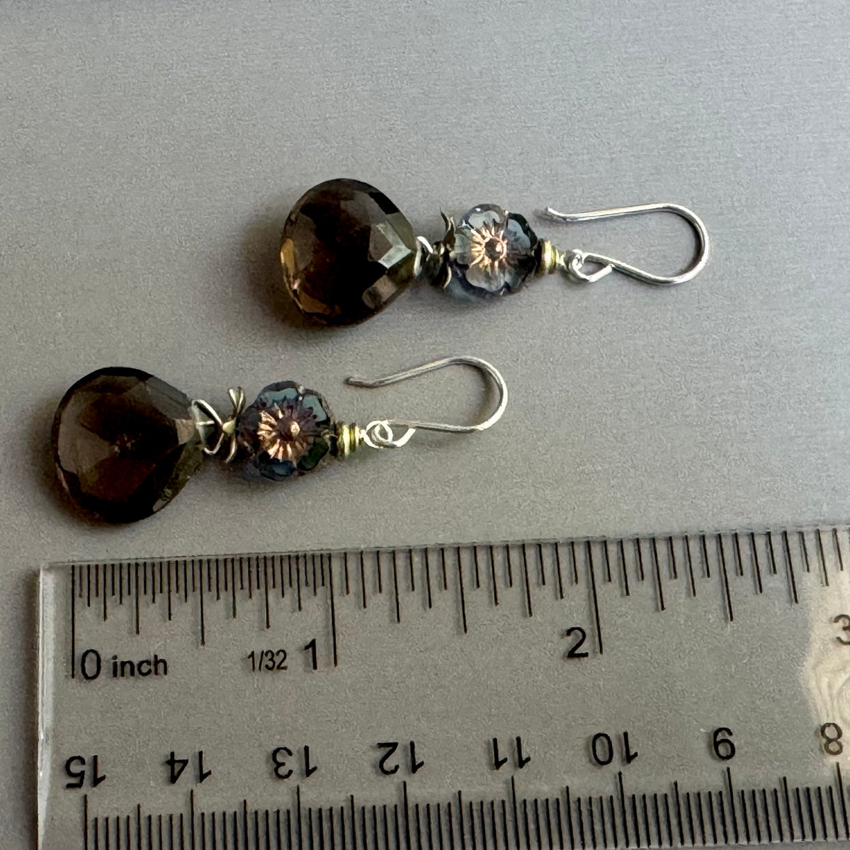 Smoky Quartz and Blue Czech Glass Earrings in Sterling Silver