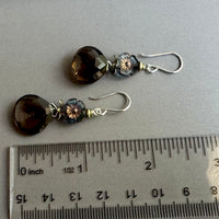 Smoky Quartz and Blue Czech Glass Earrings in Sterling Silver