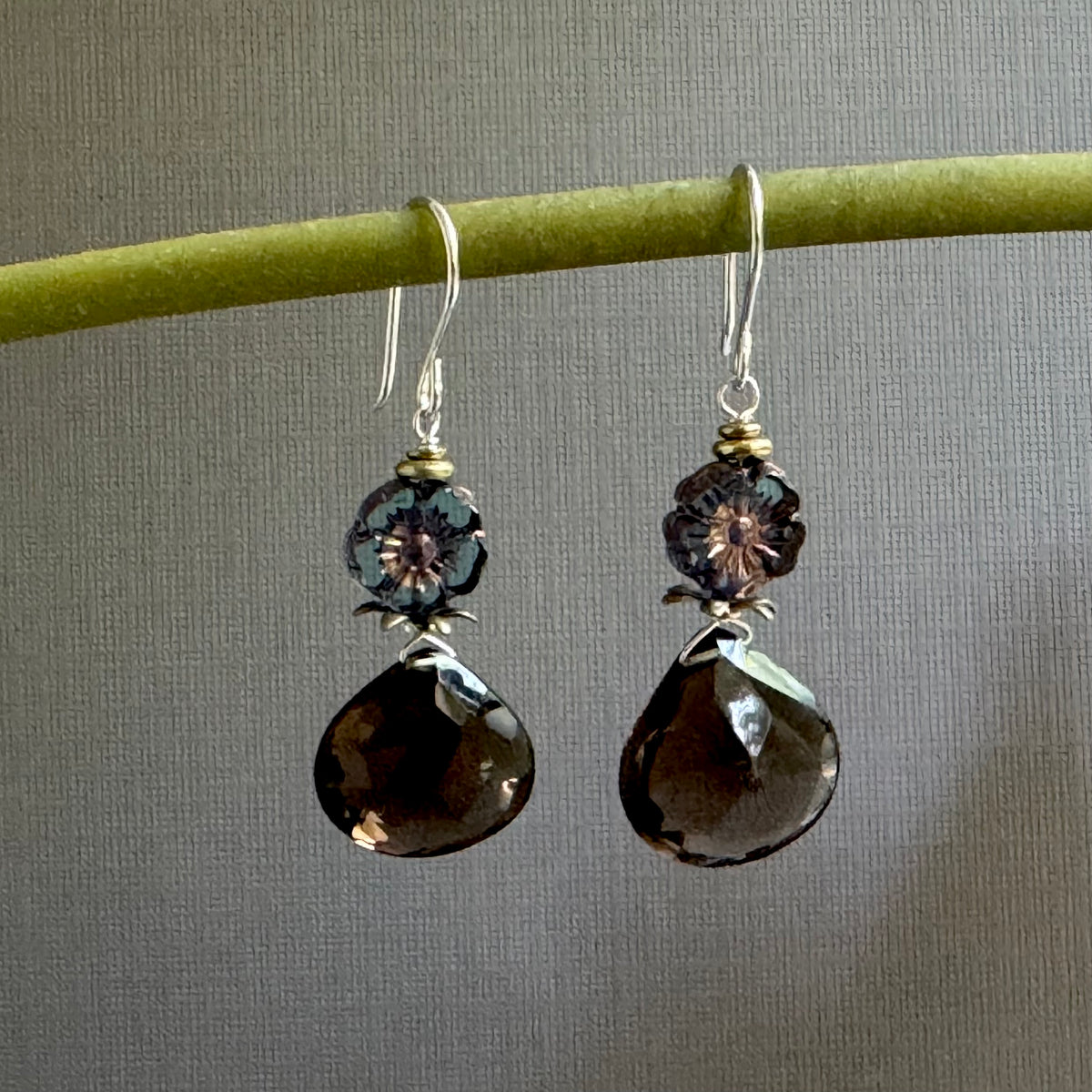 Smoky Quartz and Blue Czech Glass Earrings in Sterling Silver