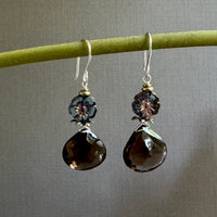 Smoky Quartz and Blue Czech Glass Earrings in Sterling Silver
