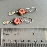 Czech Glass Pink Flower Earrings with Silver Flower Drop