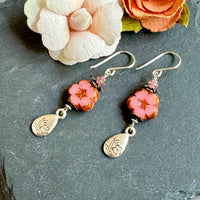 Czech Glass Pink Flower Earrings with Silver Flower Drop