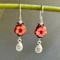 Czech Glass Pink Flower Earrings with Silver Flower Drop