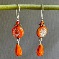 Orange Opaline Flower Drop Earrings in Sterling Silver