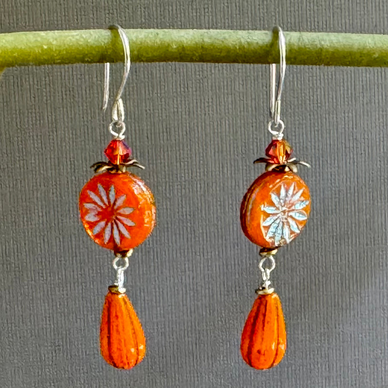 Orange Opaline Flower Drop Earrings in Sterling Silver