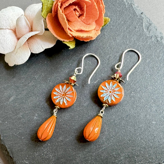 Orange Opaline Flower Drop Earrings in Sterling Silver