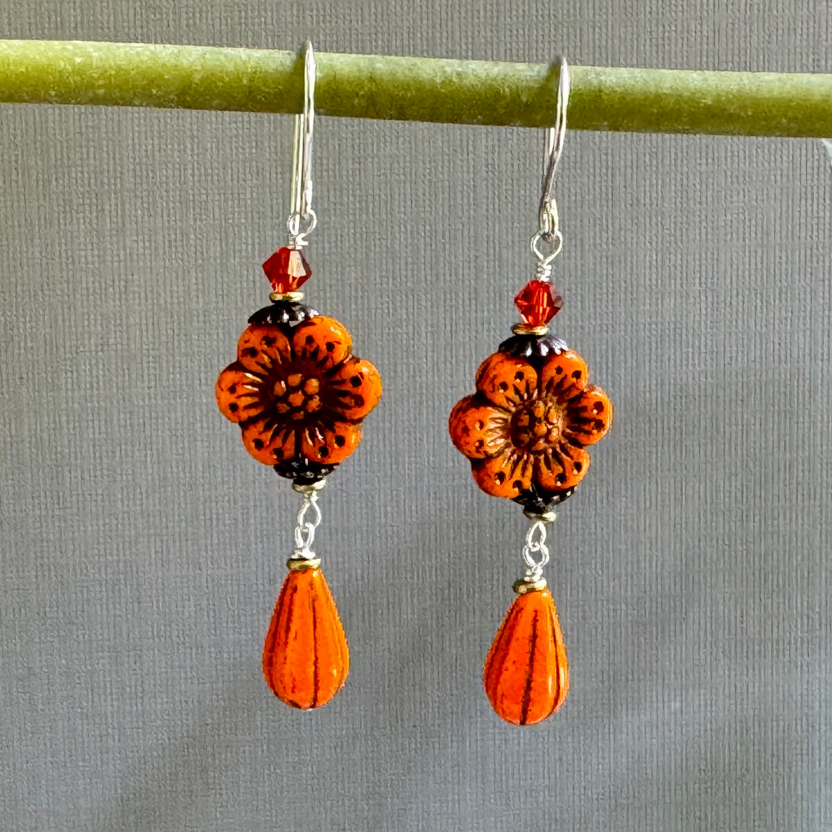 Orange Flower Drop Earrings in Sterling Silver