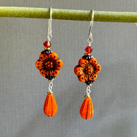 Orange Flower Drop Earrings in Sterling Silver