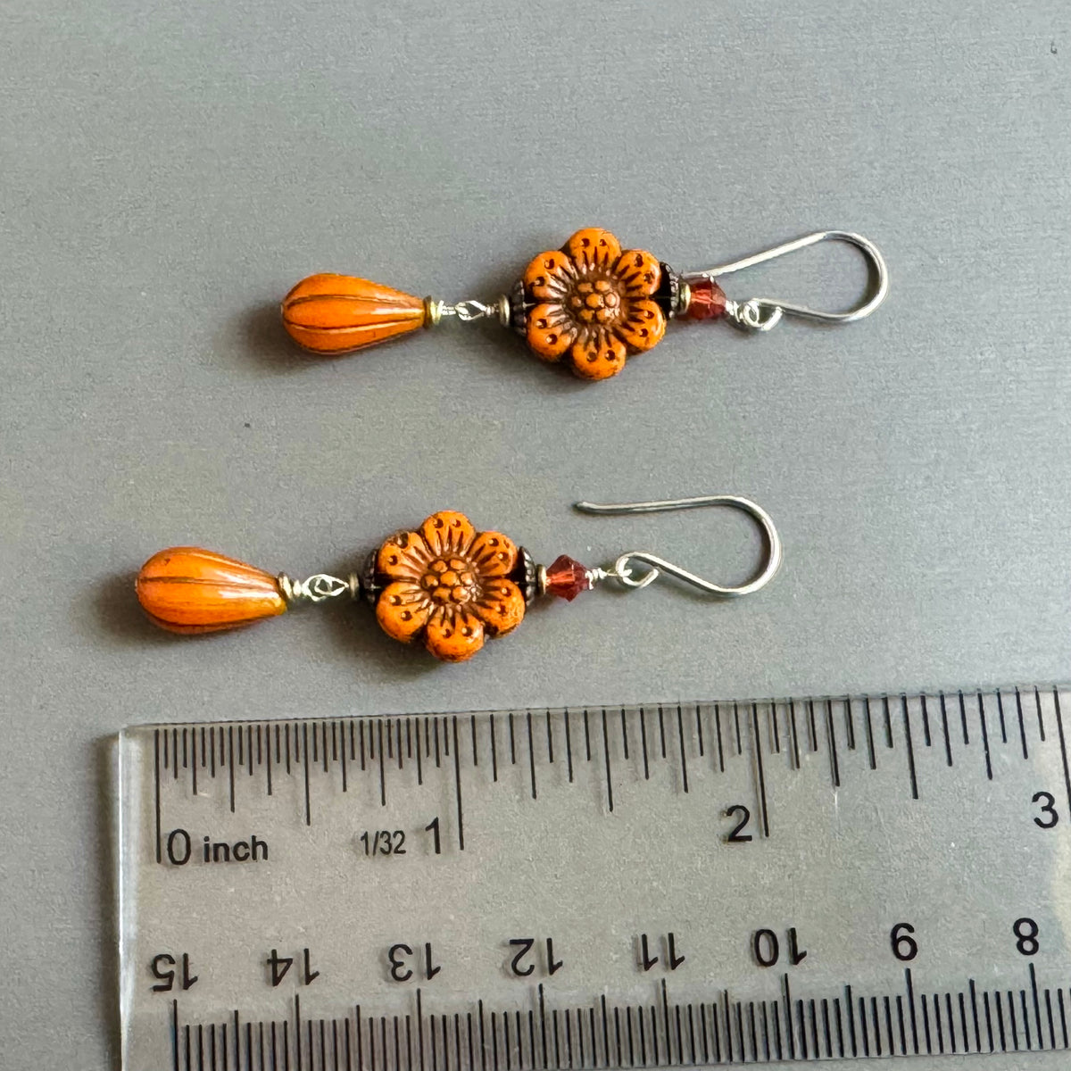Orange Flower Drop Earrings in Sterling Silver