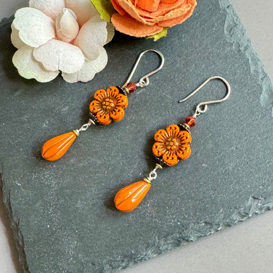 Orange Flower Drop Earrings in Sterling Silver