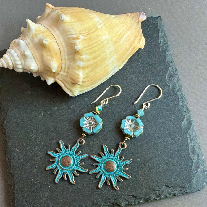 Czech Glass and Copper Patina Earrings in Sterling Silver