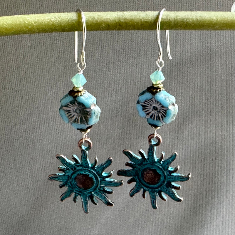 Czech Glass and Copper Patina Earrings in Sterling Silver