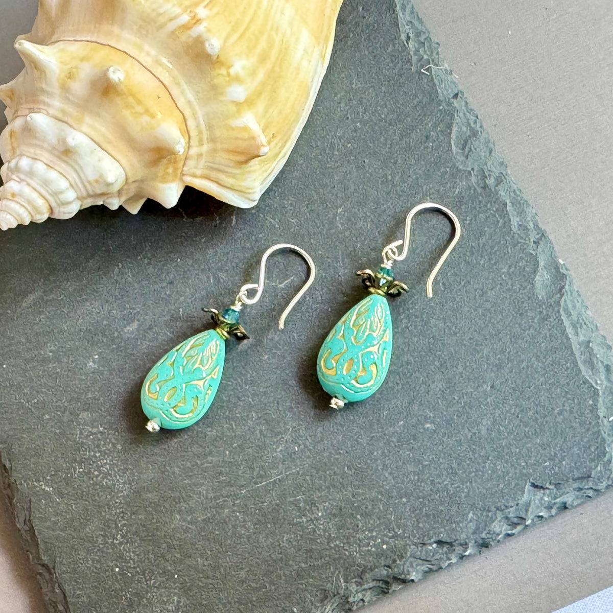 Turquoise Acrylic Earrings in Sterling Silver