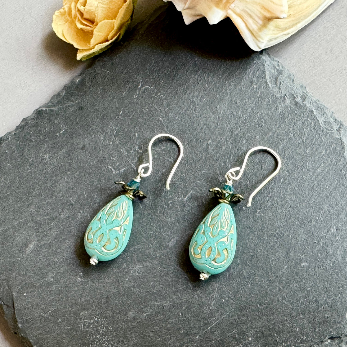 Turquoise Acrylic Earrings in Sterling Silver