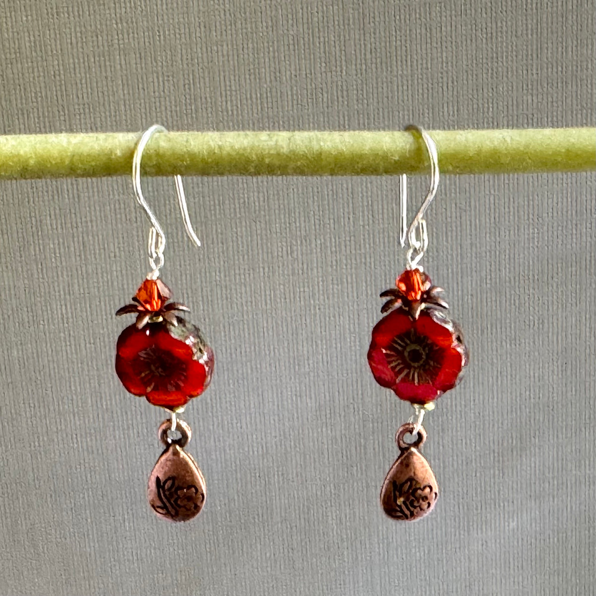 Czech Glass Copper Hawaiian Flower Earrings in Sterling Silver