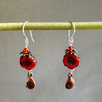 Czech Glass Copper Hawaiian Flower Earrings in Sterling Silver