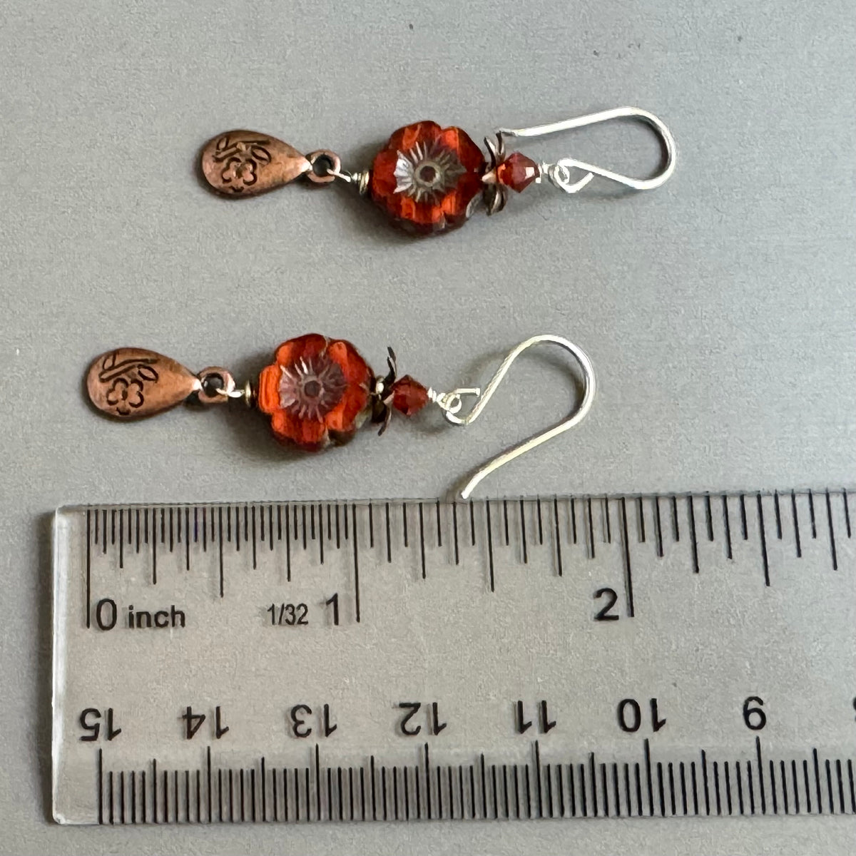Czech Glass Copper Hawaiian Flower Earrings in Sterling Silver