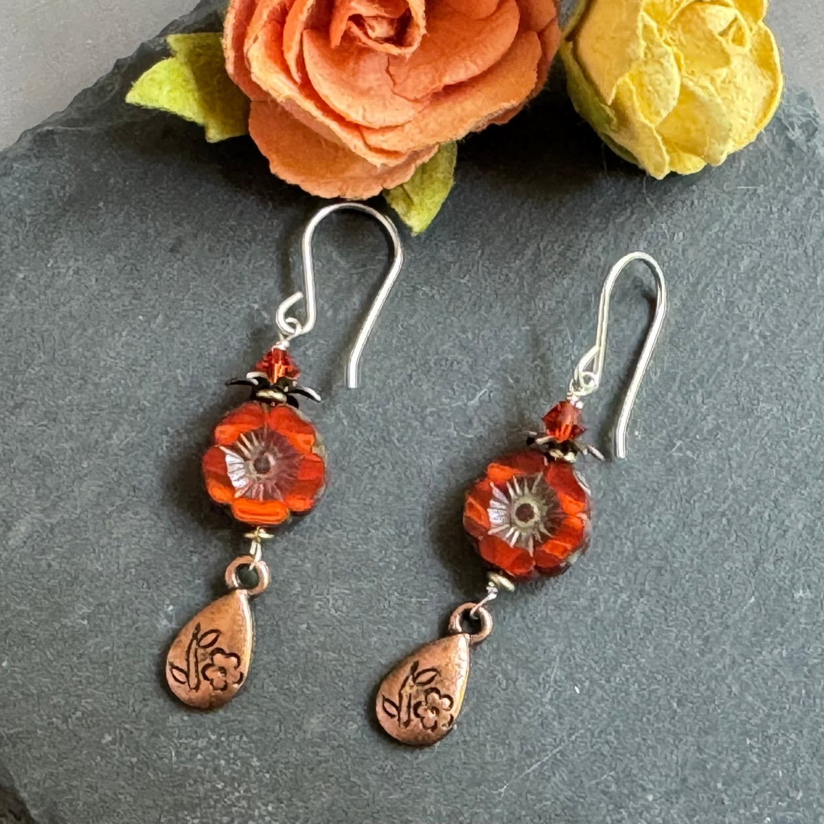 Czech Glass Copper Hawaiian Flower Earrings in Sterling Silver