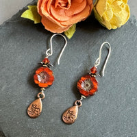 Czech Glass Copper Hawaiian Flower Earrings in Sterling Silver