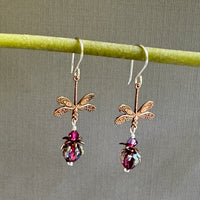 Small Handmade Pink and Blue Rosebud and Dragon Fly Earrings in Sterling Silver