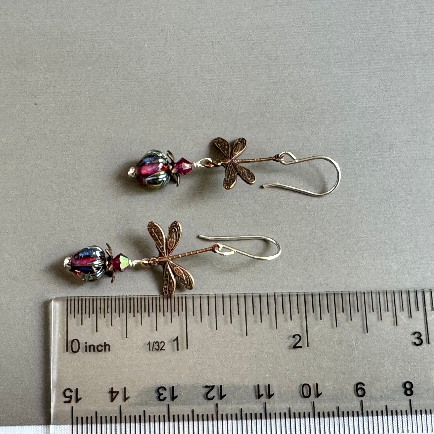 Small Handmade Pink and Blue Rosebud and Dragon Fly Earrings in Sterling Silver