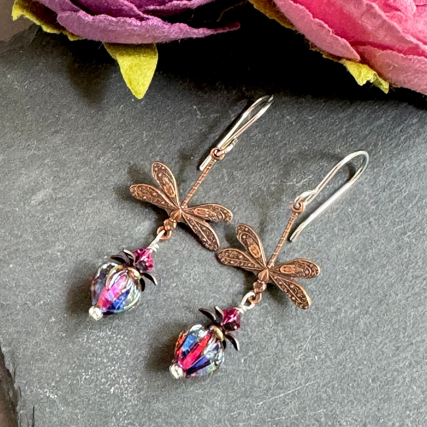 Small Handmade Pink and Blue Rosebud and Dragon Fly Earrings in Sterling Silver