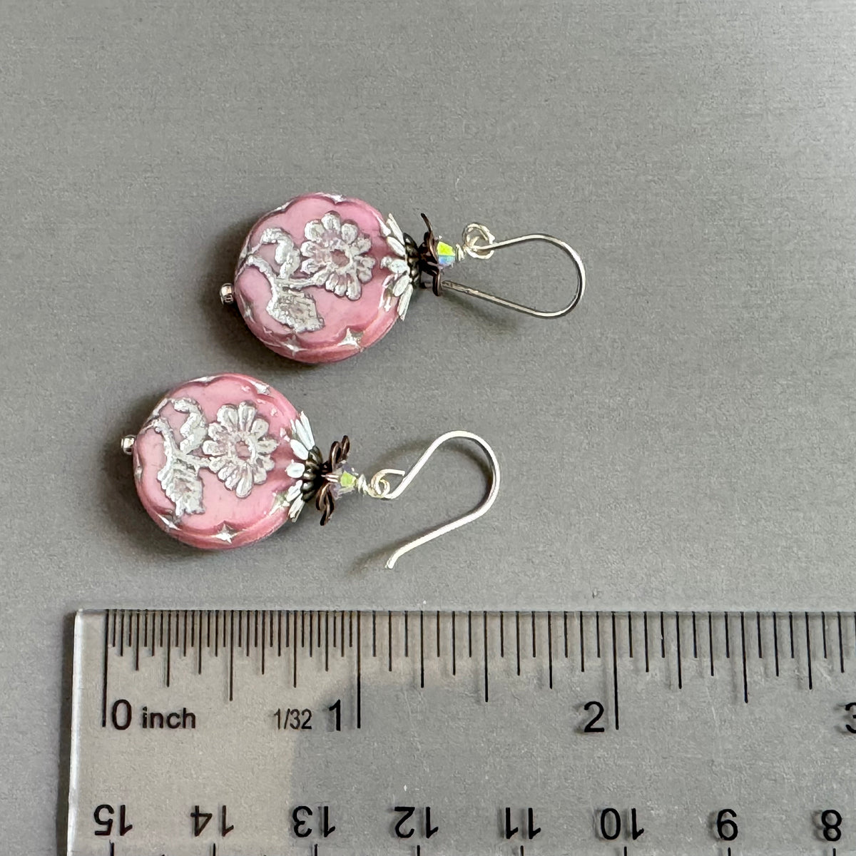 Czech Pink and Silver Coin Earrings in Sterling Silver