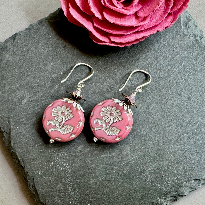 Czech Pink and Silver Coin Earrings in Sterling Silver