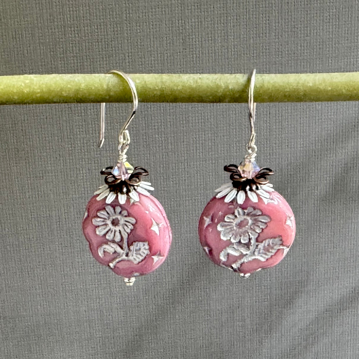 Czech Pink and Silver Coin Earrings in Sterling Silver