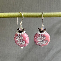 Czech Pink and Silver Coin Earrings in Sterling Silver