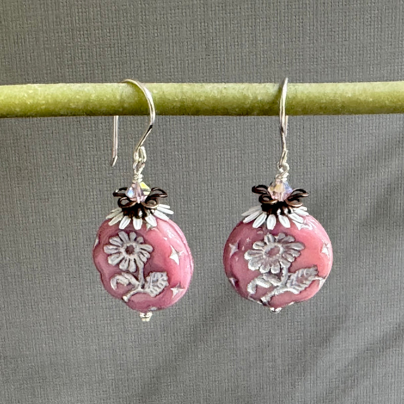 Czech Pink and Silver Coin Earrings in Sterling Silver