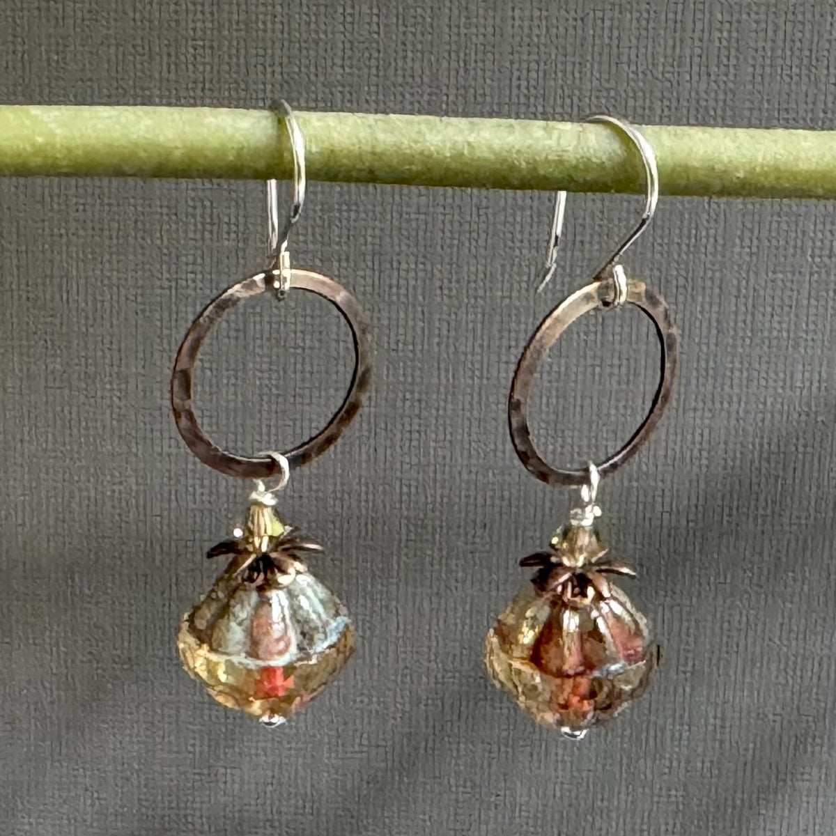 Czech Gold and Copper Boho Dangle Earrings in Sterling Silver