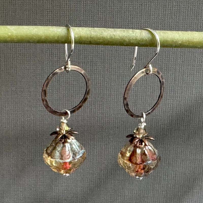 Czech Gold and Copper Boho Dangle Earrings in Sterling Silver