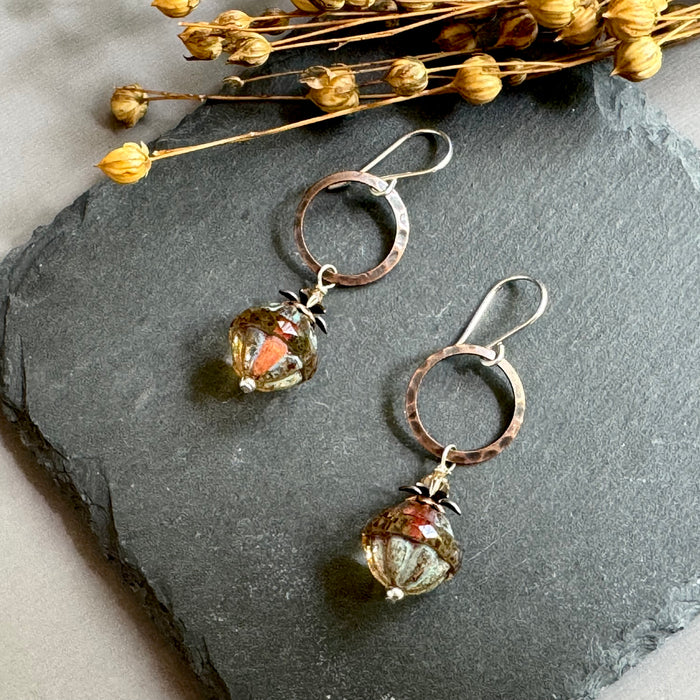 Czech Gold and Copper Boho Dangle Earrings in Sterling Silver