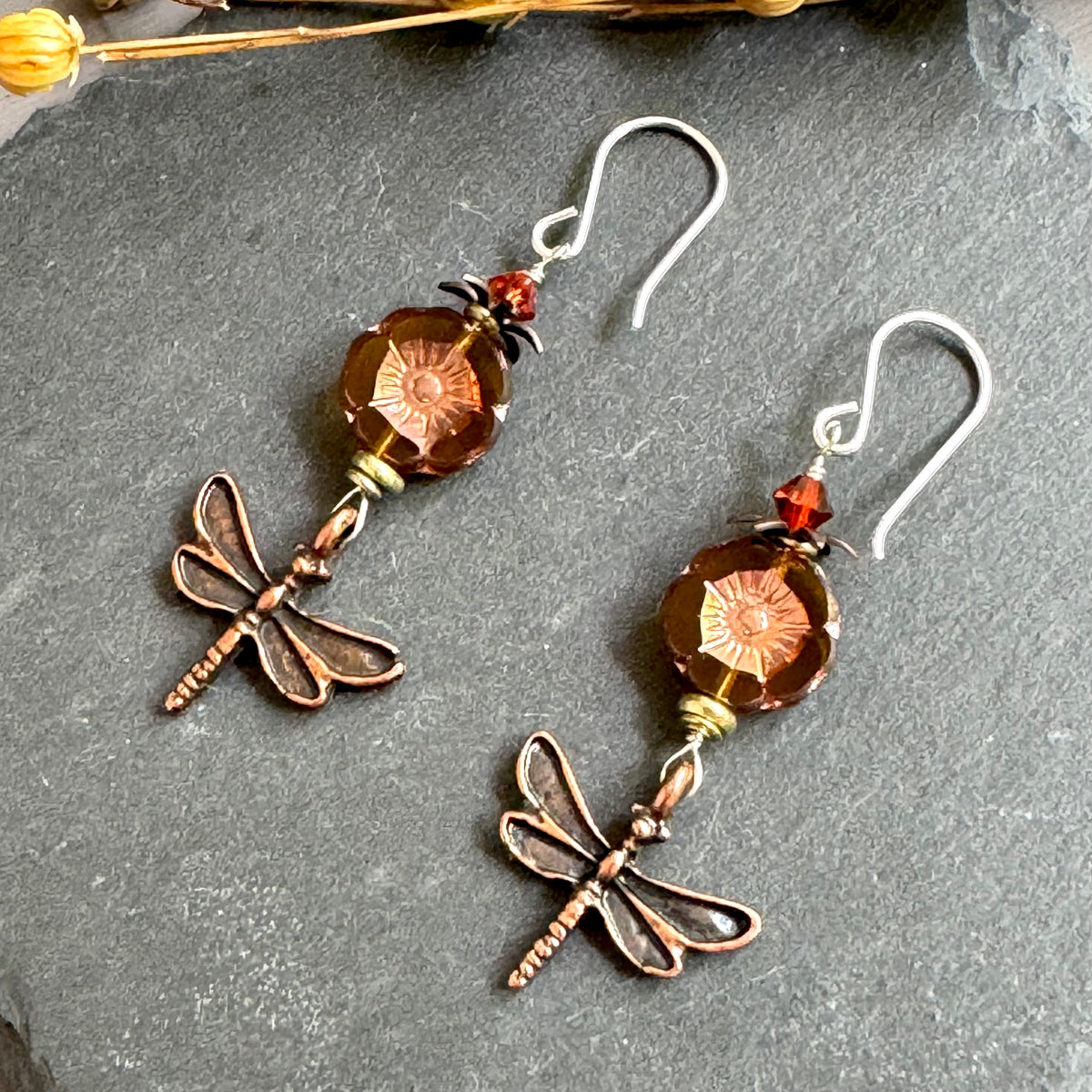 Czech Glass Topaz Hawaiian Bead and Copper Dragon Fly Earrings